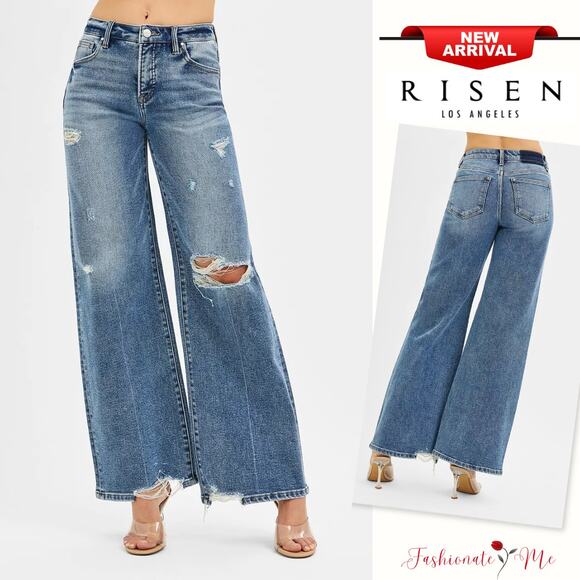RISEN Tummy Control Mid Rise Waist Distressed Medium Washed Wide Leg Denim Jeans - Picture 1 of 7